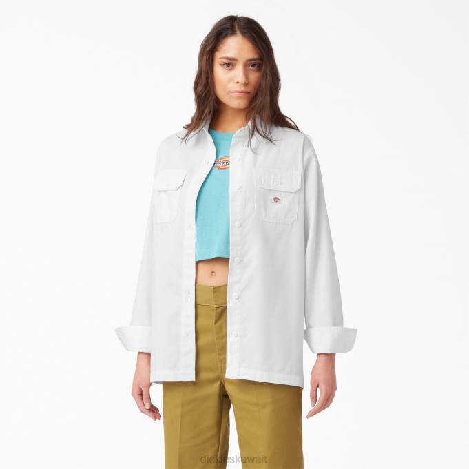 Dickies نحيف قميص عمل مريح بأكمام طويلة الأبيض (وا) ملابس العمل 84442009