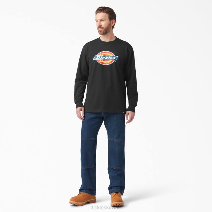Dickies رجال تي شيرت بأكمام طويلة وشعار الماركة ثلاثي الألوان أسود (كيلوبايت) ثياب 8444829