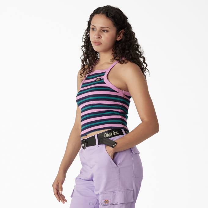 Dickies نحيف أعلى خزان اقتصاص ضلع متماسكة شريط معرض الوردة البرية الصيفية (WFS) ثياب 84442087
