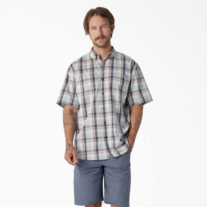 Dickies رجال قميص منسوج بأكمام قصيرة منقوشة عالية السهول الزرقاء واضحة (a2t) ملابس العمل 8444624