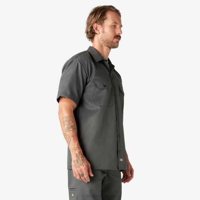 Dickies رجال قميص عمل بأكمام قصيرة رمادي فحمي (ch) ملابس العمل 8444487