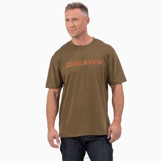 Dickies رجال تي شيرت بأكمام قصيرة مطبوع عليه حروف مطبوعة زيتون غامق (dv9) ثياب 8444812