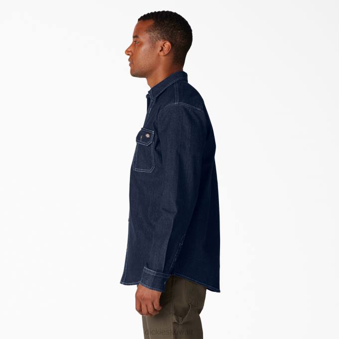 Dickies رجال قميص طويل الأكمام من الدنيم المرن غسل الدنيم الداكن (dw2) ملابس العمل 8444727